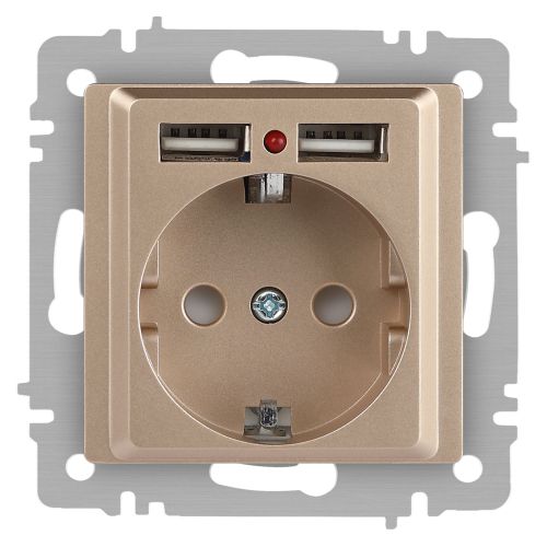 Розетка 1-м СП Accent 6-410-04 16А IP20 250В P+E Schuko + 2хUSB защ. шторки шампань Intro Б0063696