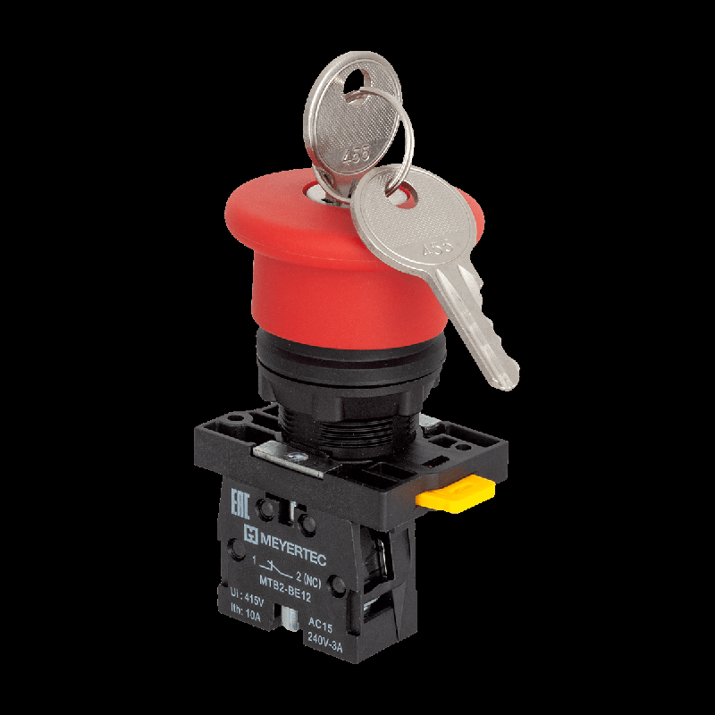 Кнопка грибовидная аварийной остановки с ключом 40мм возврат поворотом с фиксацией 1NC IP54 пластик MTB2-ES142 красн. ОВЕН 139423