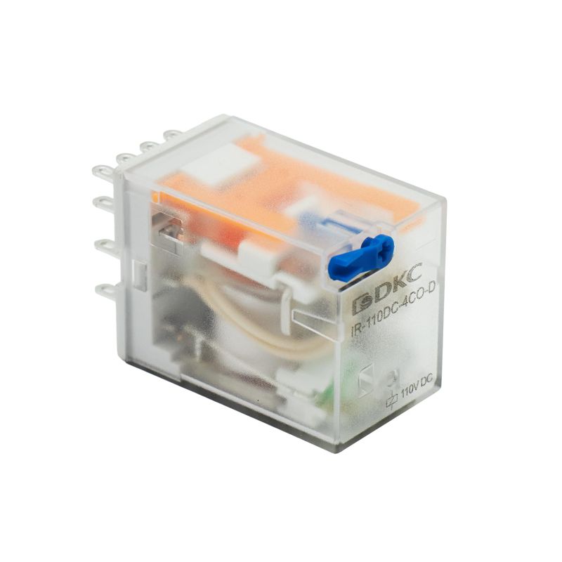 Реле миниатюрное промышленное общего назначения 4CO ком. ток 6А AgSnO2 напряжение 110В DC опция: тест-кнопка+светодиод+защитный диод DKC IR-110DC-4CO-D