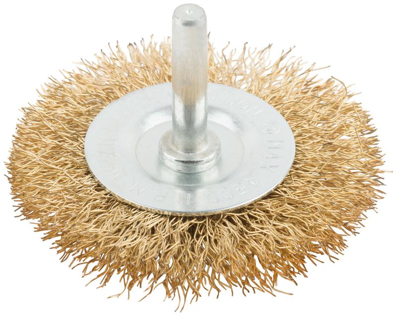Корщетка тип "колесо" со штифтом стальная латунированная волнистая проволока 63мм MOS 38483М