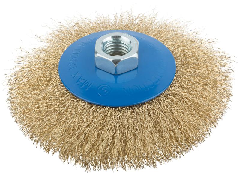 Корщетка тип "колесо" с наклоном гайка М14 стальная волнистая латунированная проволока 115мм MOS 38927М