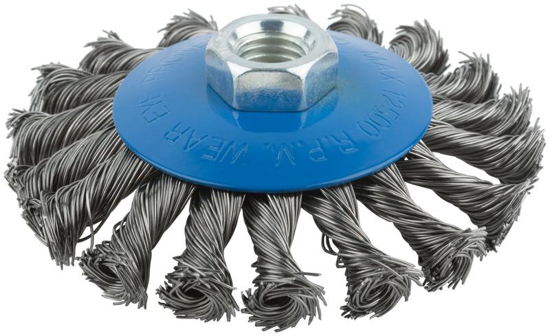 Корщетка тип "колесо" с наклоном гайка М14 стальная витая проволока 100мм MOS 38936М