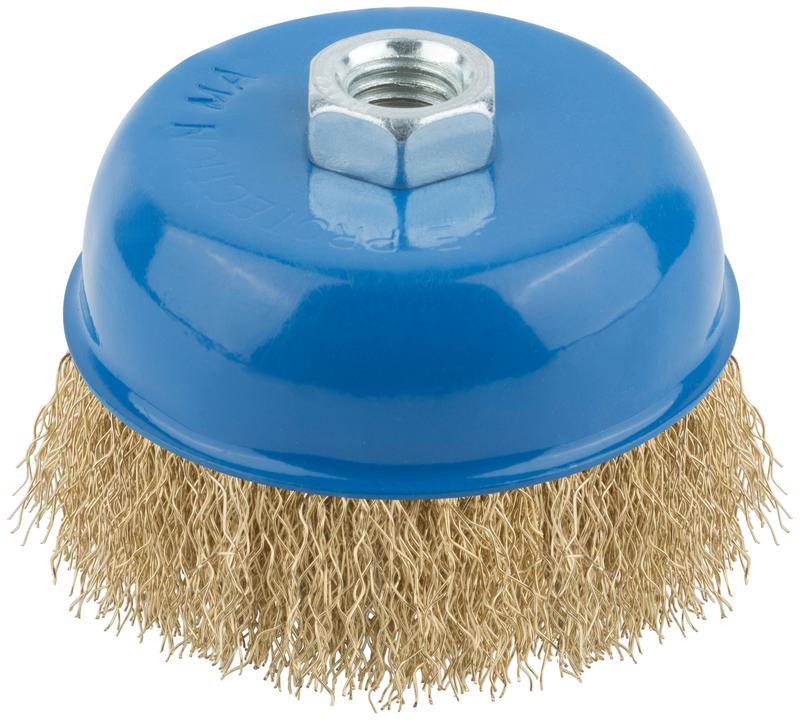 Корщетка тип "чашка" гайка М14 стальная латунированная волнистая проволока 100мм MOS 38943М