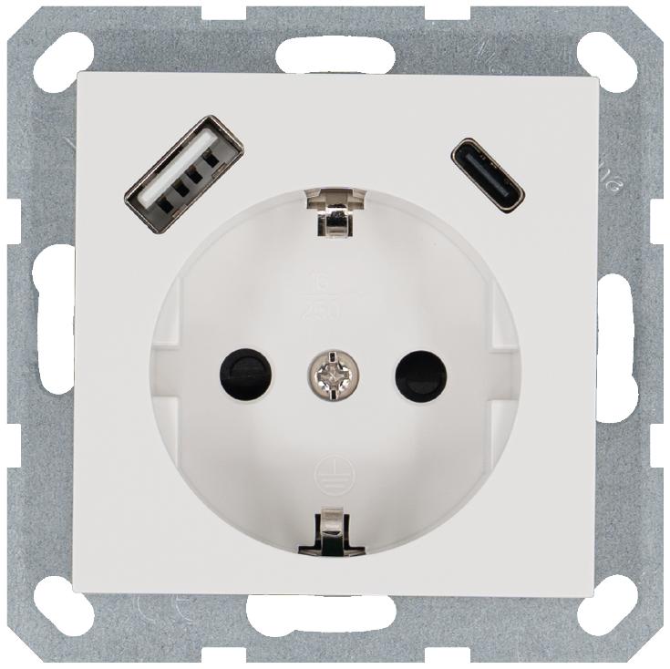 Розетка Shuko 16А с заземл. защ. шторки с 2-мя заряд. устройствами USB тип A+C 25Вт механизм бел. глянцевый Jasmart G5501USB-25W