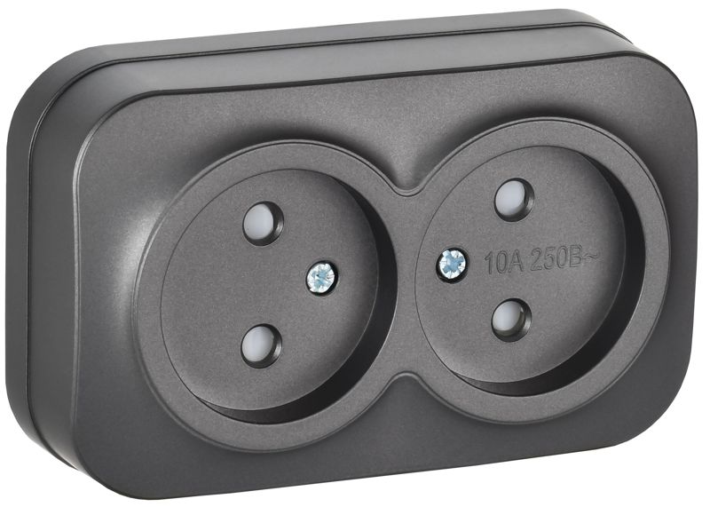 Розетка 2-м ОП GLORY РСш22-2-ХСм 10А без заземл. защ. шторки сталь матов. IEK ERH23-K46M-10