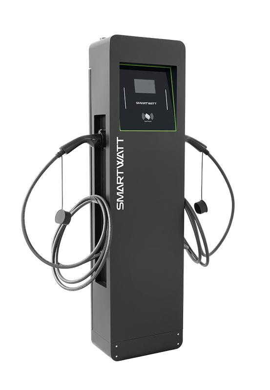 Станция зарядная для электромобилей EVC 44кВт OCPP 1.6J 3ф 380В два поста по 22кВт 32А переменный ток кабели по 5м коннекторы GBT и Type2 IP54 коммерческая черн. стойка SmartWatt 4512020470008