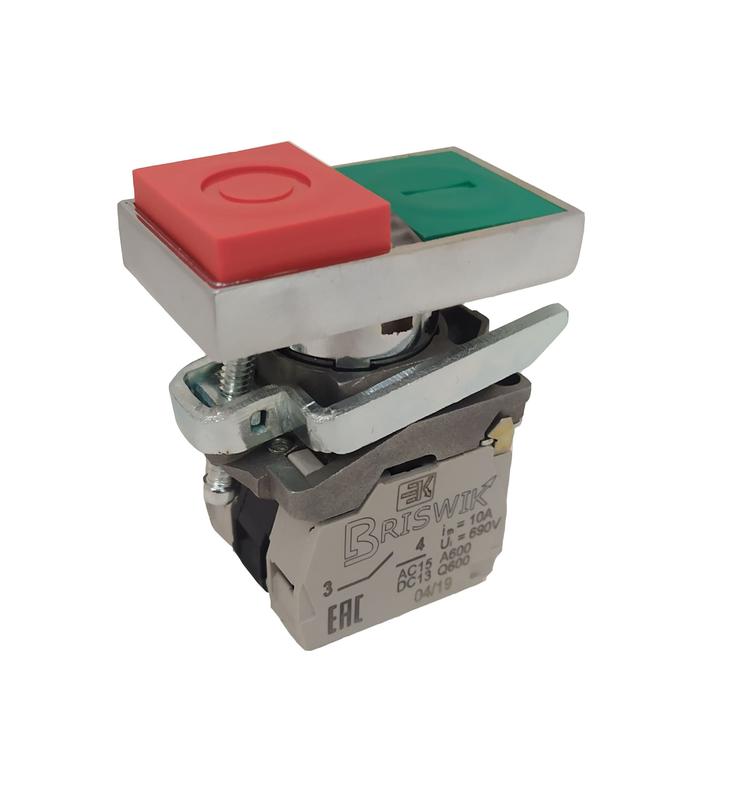 Выключатель кнопочный КМЕ-9111м-ЛС УХЛ3 1НО+1НЗ 10А IP40 220В толкатель сдвоенный с самовозвратом выступающий красн. с индикацией метал. основание d посадочного отверст. 22мм зел./красн. ЭЛЬКОМ A8012-02477248