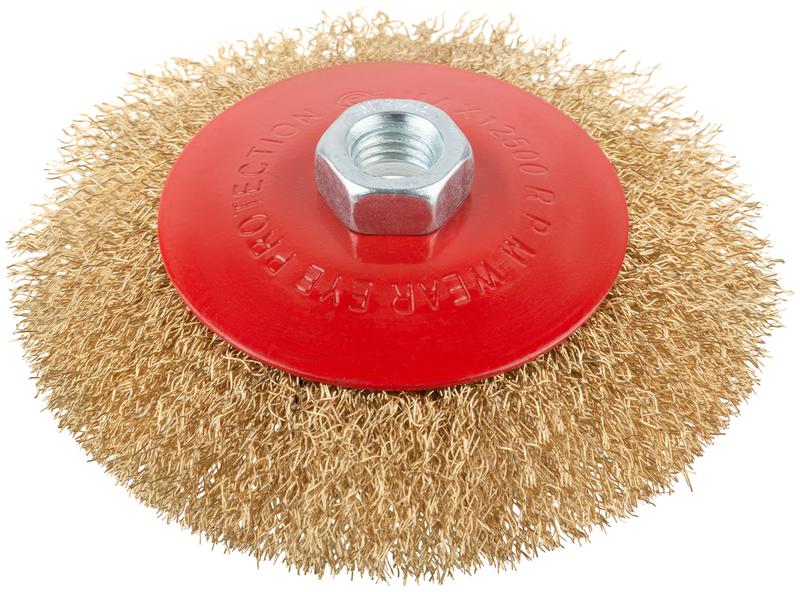 Корщетка-колесо с наклоном гайка М14 стальная волнистая латунированная проволока 125мм КУРС 39023