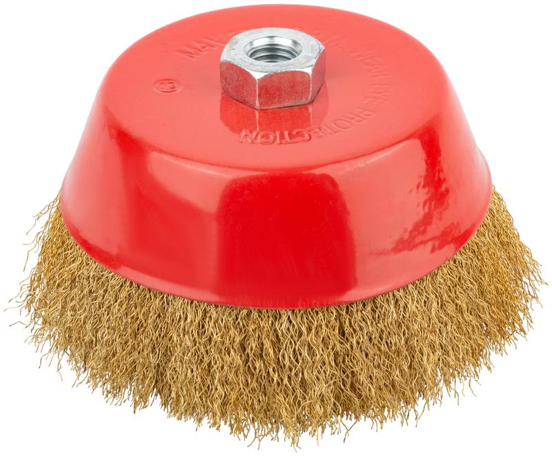 Корщетка чашечная гайка М14 стальная латунированная волнистая проволока 150мм КУРС 39040