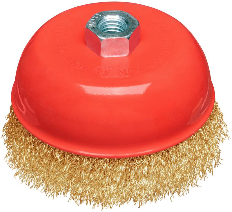 Корщетка-чашка гайка М14 стальная латунированная волнистая проволока 125мм блистер КУРС 39094