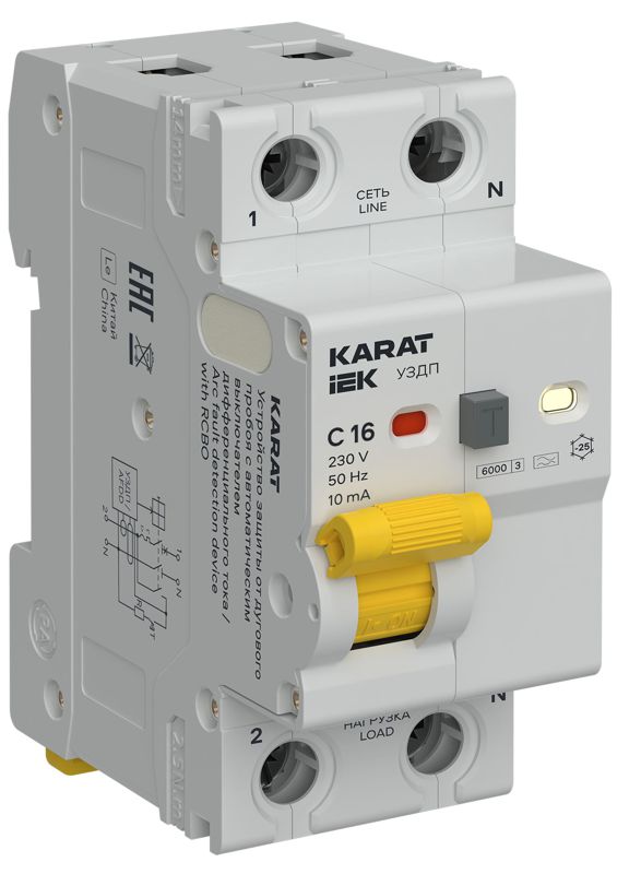 Устройство защиты от дугового пробоя с автоматическим выключателем дифференциального тока (УЗДП + АВДТ) 1P+N C 16А 10мА тип A KARAT IEK KA-DP12-1-016-C-010-A
