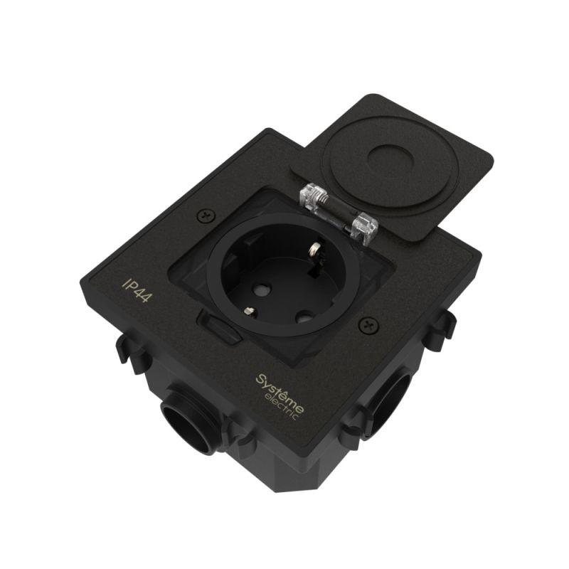 Лючок MultiDesk MDK21 с розеткой 2P+E 16А 250В IP44 с монтажной коробкой для бетонных полов черн. матов. SE MDK21202MBC