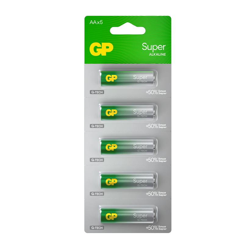 Элемент питания алкалиновый AA/LR6 1.5В Super Alkaline G-Tech 15AA21-2CRSC5 60/600 (блист.5шт) GP 1290