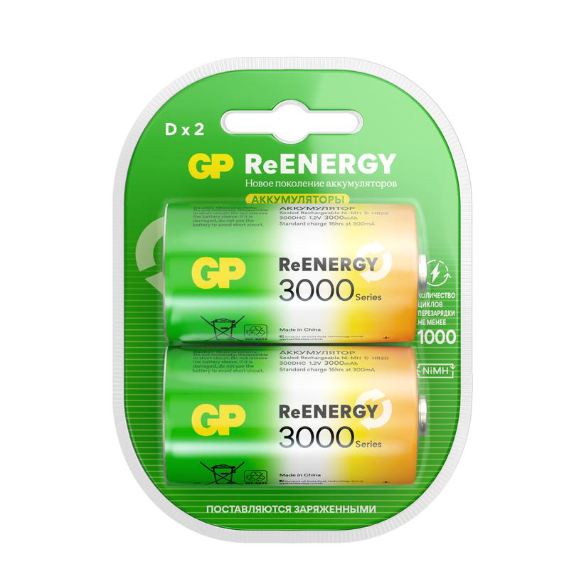 Аккумулятор D/HR20 ReEnergy 1.2В 3000мА.ч 300DHCRGY-2CRCB2 12/72 (блист.2шт) GP 20260