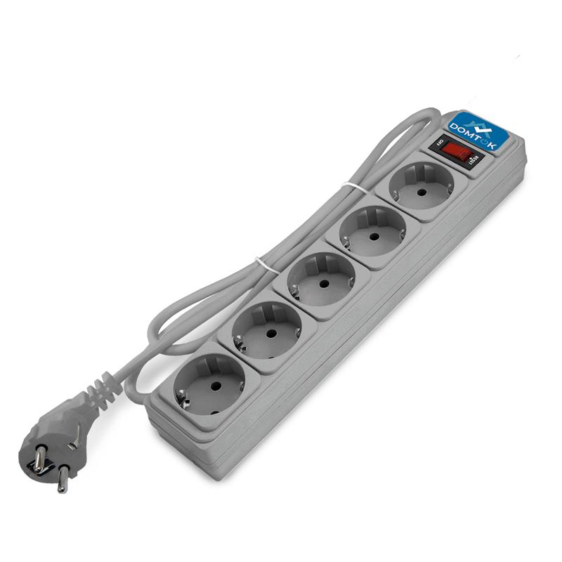 Удлинитель с сетевым фильтром 5х3м с заземл 10А IP20 2.2кВт ПВС 3х1 с выкл. сер. DOMTOK 2533