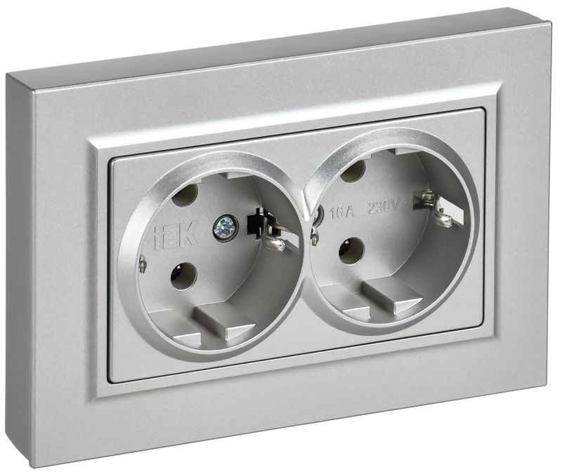 Розетка 2-м СП BRITE РСПл12-3-БрА 16А в сборе с заземл. без защ. шторок плоская алюм. IEK BR-R27-16-K47-F