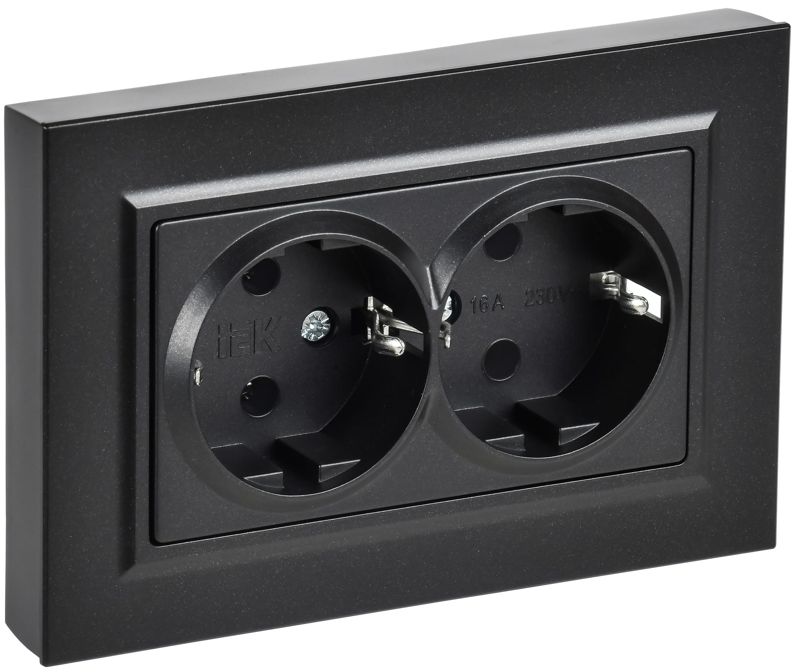 Розетка 2-м СП BRITE РСПл12-3-БрЧ 16А в сборе с заземл. без защ. шторок плоская черн. IEK BR-R27-16-K02-F