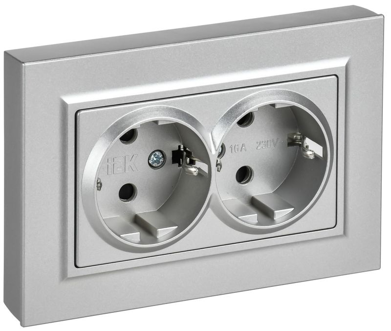 Розетка 2-м СП BRITE РСшПл12-3-БрА 16А в сборе с заземл. защ. шторки плоская алюм. IEK BR-R28-16-K47-F