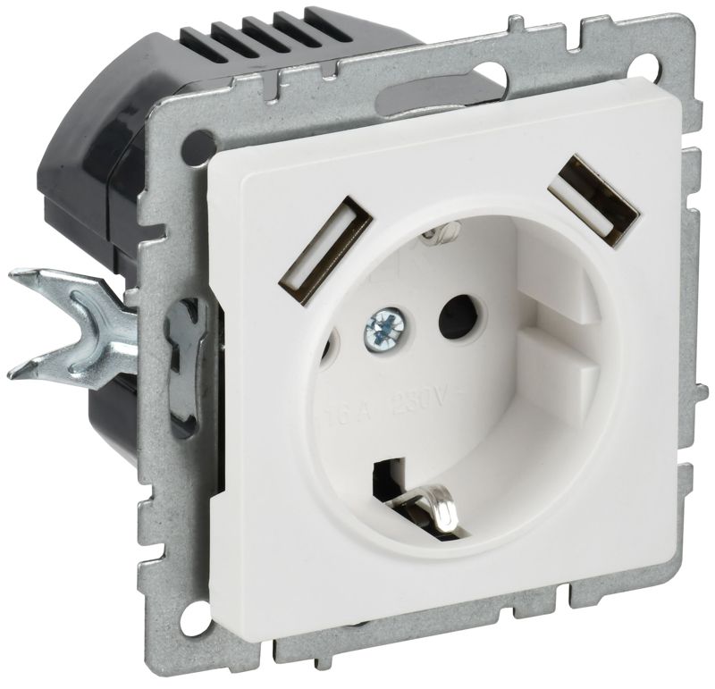 Розетка BRITE РЮш10-2-БрАБ 16А с USB A+A 3.1А с заземл. защ. шторки механизм арктич. бел. IEK BR-R14-16-U21-D31-K91