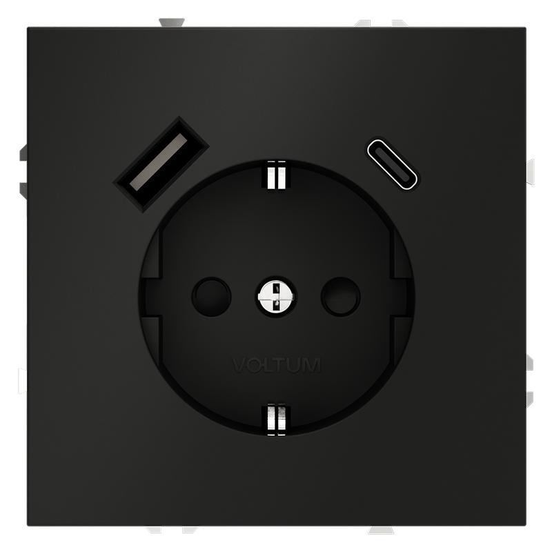 Розетка 1-м СП S70 16А с USB A+С с заземл. защ. шторки механизм черн. матов. Voltum VLS040508