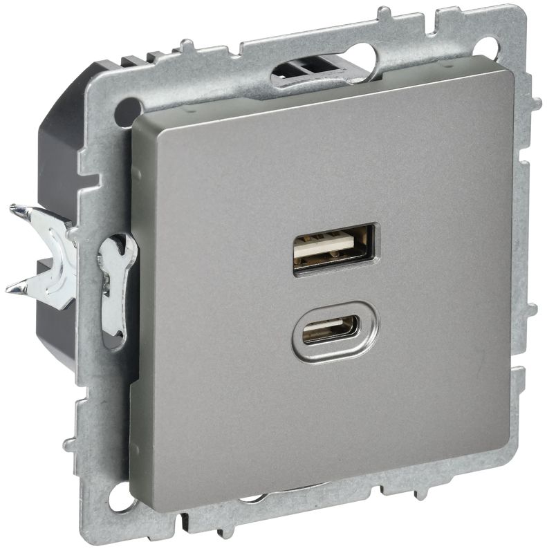 Розетка СП BRITE РЮ11-2-БрС USB A+C 45Вт высокоскор. заряд. сталь IEK BR-U22-045-K46