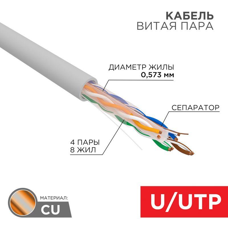 Кабель витая пара U/UTP кат.6A 4х2х23AWG LSZH нг(А)-HF (LSZH) INDOOR SOLID сер. (305м) (м) PRO Rexant 02-0302