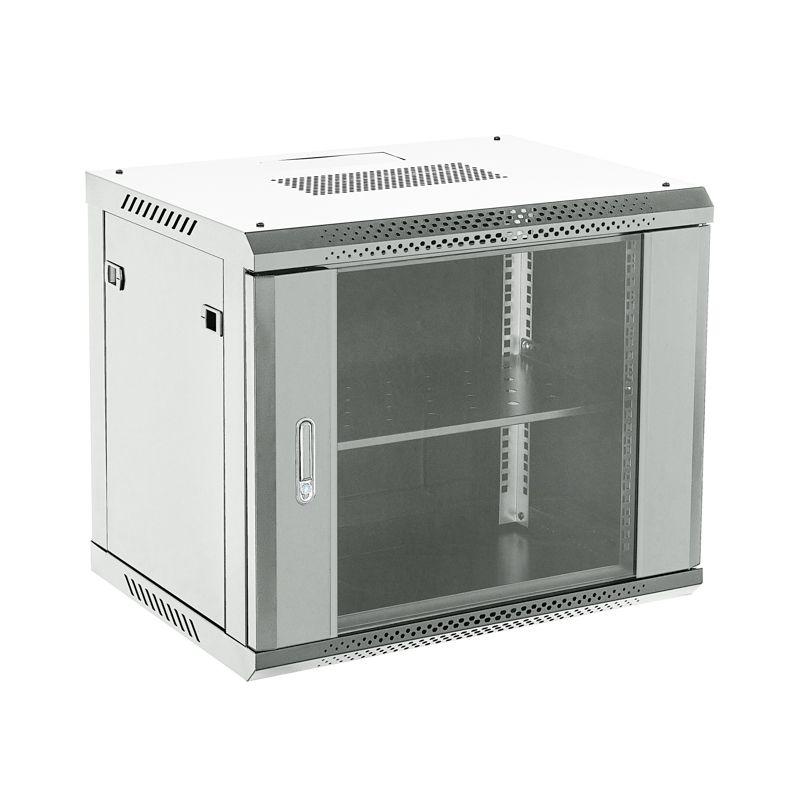 Шкаф телекоммуникационный настенный 19дюйм 9U 600х450х501 дверь стекло стенка задняя боковые съемные стенки разборный сер. RAL7035 Rexant 04-0964-111
