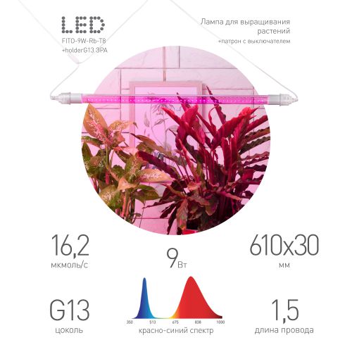 Светильник FITO-9W-Rb-Т8+FITO-Holder IP65 2хG13 линейный для растений с выключателем 1.5м Эра Б0069515
