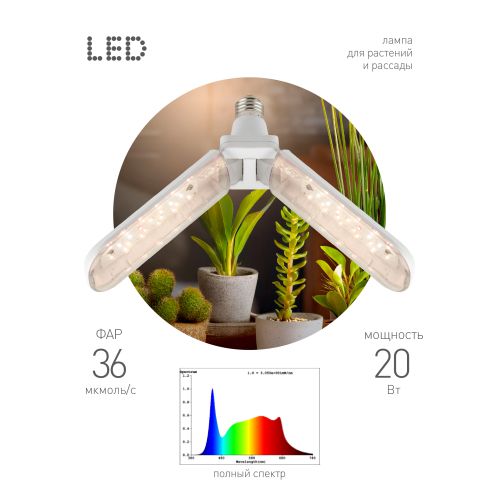 Лампа светодиодная GREEN LINE ФИТО-20W-PFR-E27-GR 20Вт E27 для растений 2-х лепестковая полного спектра Эра Б0064520