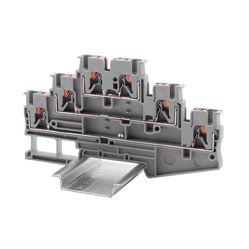 Клемма трехуровневая проходной уровень; син. и заземл.; зажим push-in; 6 точек подключения; 2.5кв.мм DKC VPRTT-2.5-3L-LNPE