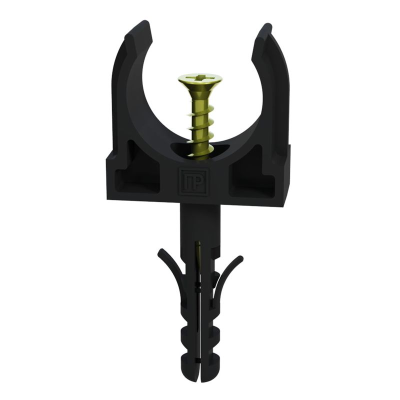 Держатель для труб (клипса) d16мм с дюбелем и саморезом черн. Промрукав PR13.0219