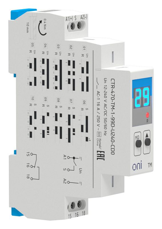 Реле времени многофункц. TM дисплей 1 контакт 12-240В AC/DC ONI CTR-470-TM-1-99D-U240-CD0