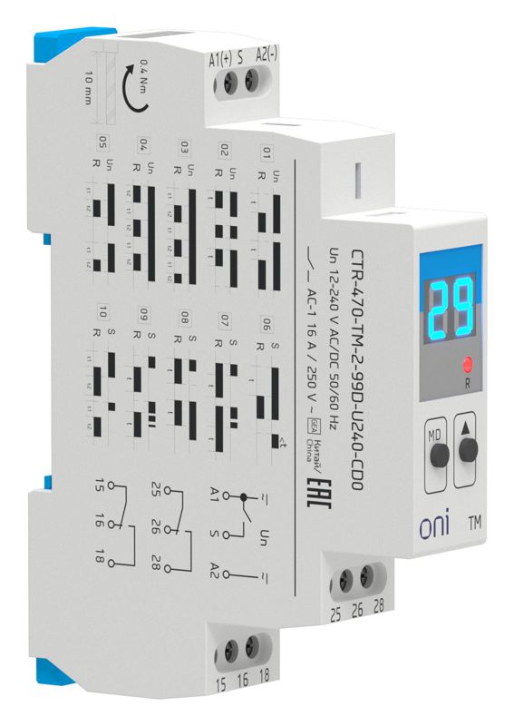 Реле времени многофункц. TM дисплей 2 контакта 12-240В AC/DC ONI CTR-470-TM-2-99D-U240-CD0