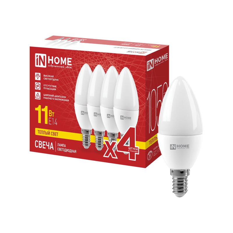 Лампа светодиодная LED-СВЕЧА-VC 4PACK 11Вт свеча 3000К E14 1050лм 230В (уп.4шт) IN HOME 4690612063102