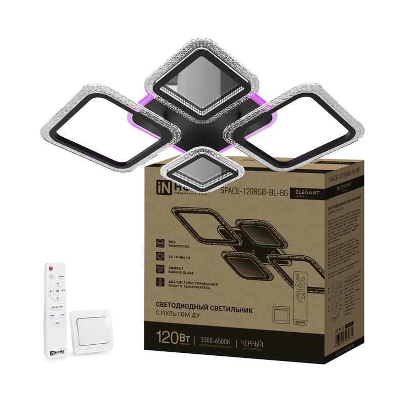 Светильник светодиодный ELEGANT SPACE-120RGB-BL-BG 120Вт 3000-6500К 8400лм 230В 530х530х125мм пульт ДУ черн. IN HOME 4690612062334