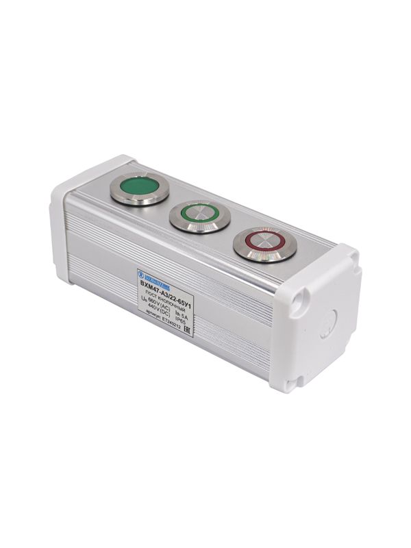 Пост управления BXM47-A3/22-65У1 1 лампа 220В зел. + 1 цилиндрическая кнопка 1C1NO1NC зел. + 1 цилиндрическая кнопка 1C1NO1NC красн. Электротехник ET249212