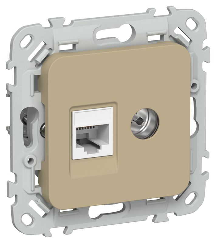 Розетка 2-м СП FLITE РКТВ5е-2-0-ФлХ RJ45/TV кат.5E UTP механизм хаки IEK FI-AK22-1-K59