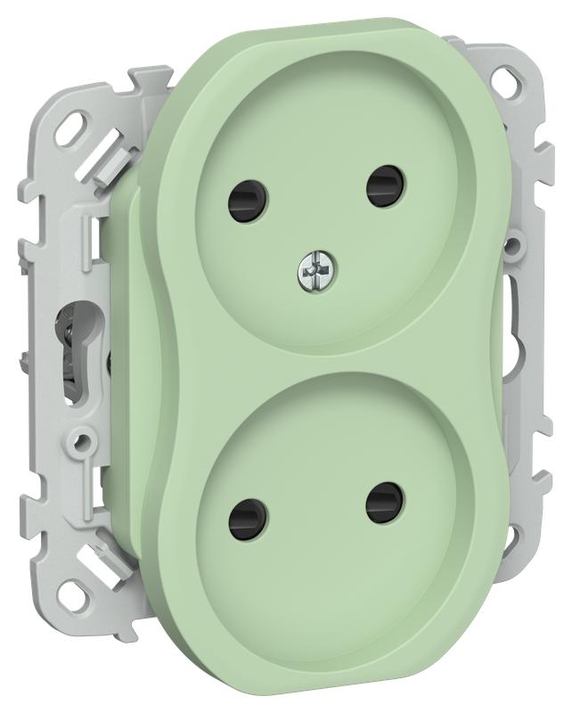 Розетка 2-м СП FLITE РСш02-1-ФлФ 10А без заземл. с защ. шторками безвинтовое крепление механизм фисташк. IEK FI-R23-10-1-K93