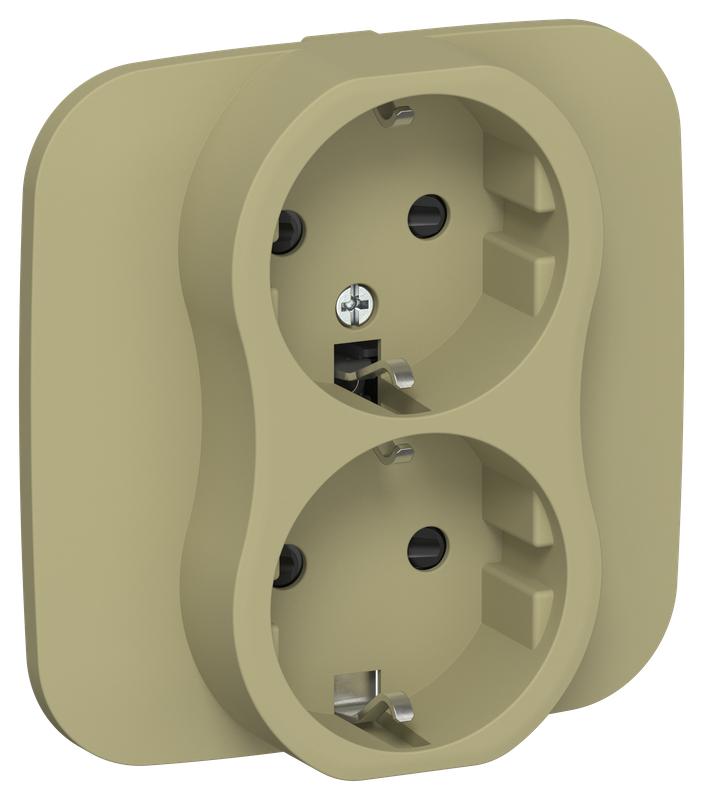 Розетка 2-м СП FLITE РСш12-0-А-ФлО 16А с заземл. с защ. шторками в сборе механизм олив. IEK FI-R24A-16-K26
