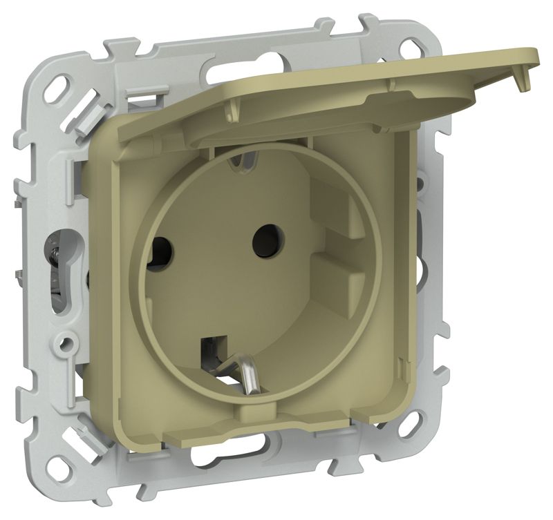 Розетка СП FLITE РСшкр11-1-44-ФлО 16А IP44 с заземл. с защ. шторками и крышкой безвинтовое крепление механизм олив. IEK FI-R16-16-1-44-K26