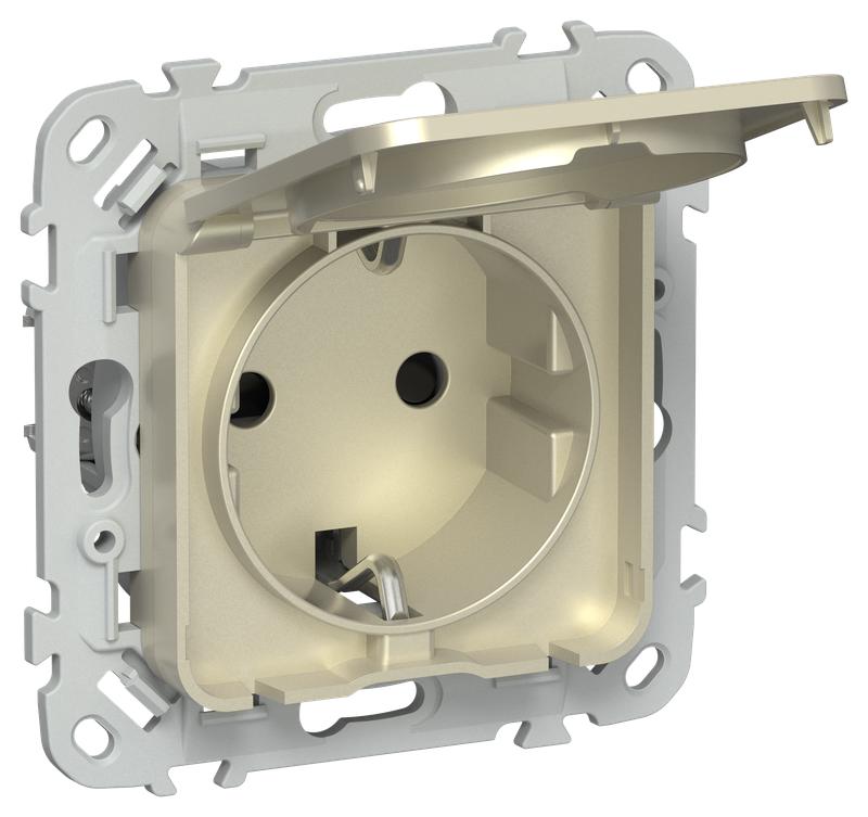 Розетка СП FLITE РСшкр11-1-44-ФлШ 16А IP44 с заземл. с защ. шторками и крышкой безвинтовое крепление механизм шампань IEK FI-R16-16-1-44-K37