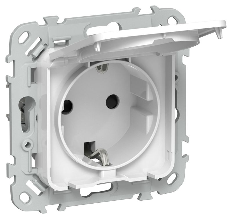 Розетка СП FLITE РСшкр11-0-44-ФлБ 16А IP44 с заземл. с защ. шторками и крышкой механизм бел. IEK FI-R16-16-44-K01