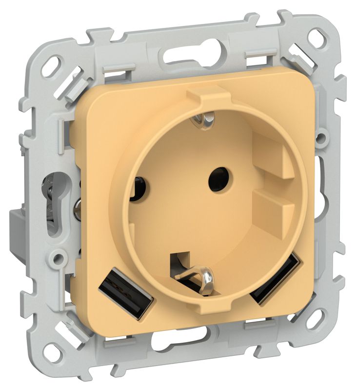 Розетка 1-м СП FLITE РСЮша11-1-ФлЗ 16А с USB A+A 3.1А с заземл. с защ. шторками безвинтовое крепление механизм золотарник IEK FI-R14-16-1-U21-D31-K90