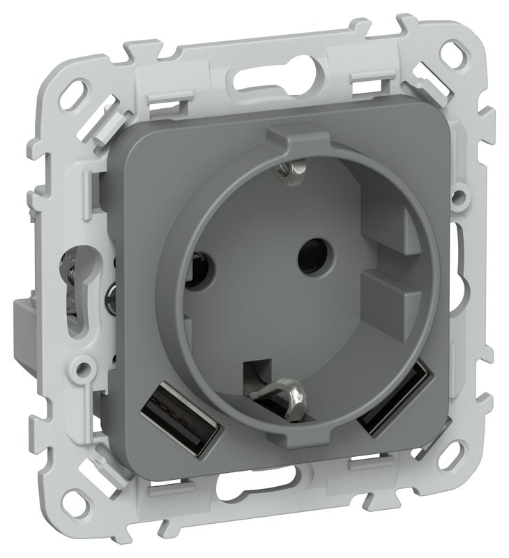 Розетка 1-м СП FLITE РСЮша11-1-ФлМА 16А с USB A+A 3.1А с заземл. с защ. шторками безвинтовое крепление механизм мокрый асфальт IEK FI-R14-16-1-U21-D31-K80