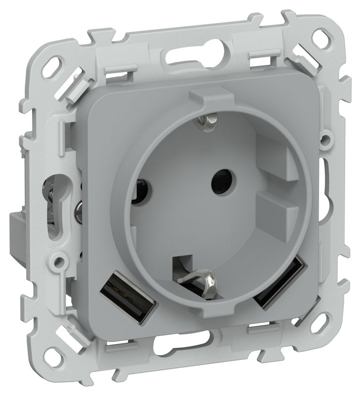 Розетка 1-м СП FLITE РСЮша11-1-ФлС 16А с USB A+A 3.1А с заземл. с защ. шторками безвинтовое крепление механизм сер. IEK FI-R14-16-1-U21-D31-K03