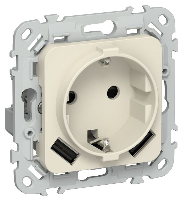 Розетка 1-м СП FLITE РСЮша11-1-ФлСл 16А с USB A+A 3.1А с заземл. с защ. шторками безвинтовое крепление механизм сливочный IEK FI-R14-16-1-U21-D31-K86