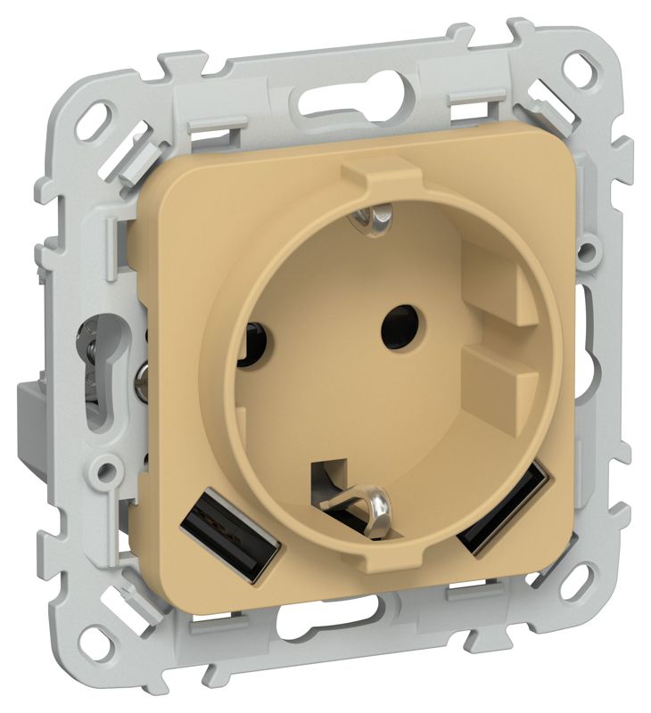 Розетка 1-м СП FLITE РСЮша11-1-ФлШм 16А с USB A+A 3.1А с заземл. с защ. шторками безвинтовое крепление механизм шамуа IEK FI-R14-16-1-U21-D31-K89