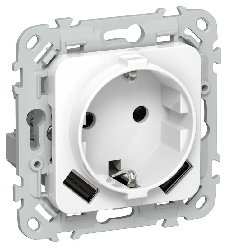 Розетка 1-м СП FLITE РСЮша11-0-ФлБ 16А с USB A+A 3.1А с заземл. с защ. шторками механизм бел. IEK FI-R14-16-U21-D31-K01