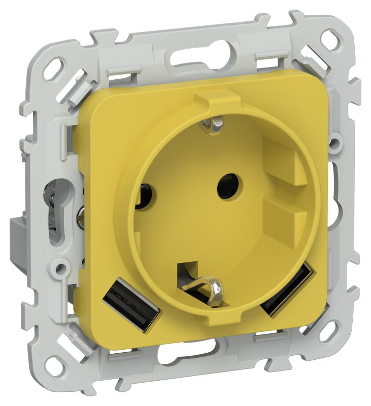 Розетка 1-м СП FLITE РСЮша11-0-ФлЖК 16А с USB A+A 3.1А с заземл. с защ. шторками механизм желт. карри IEK FI-R14-16-U21-D31-K44