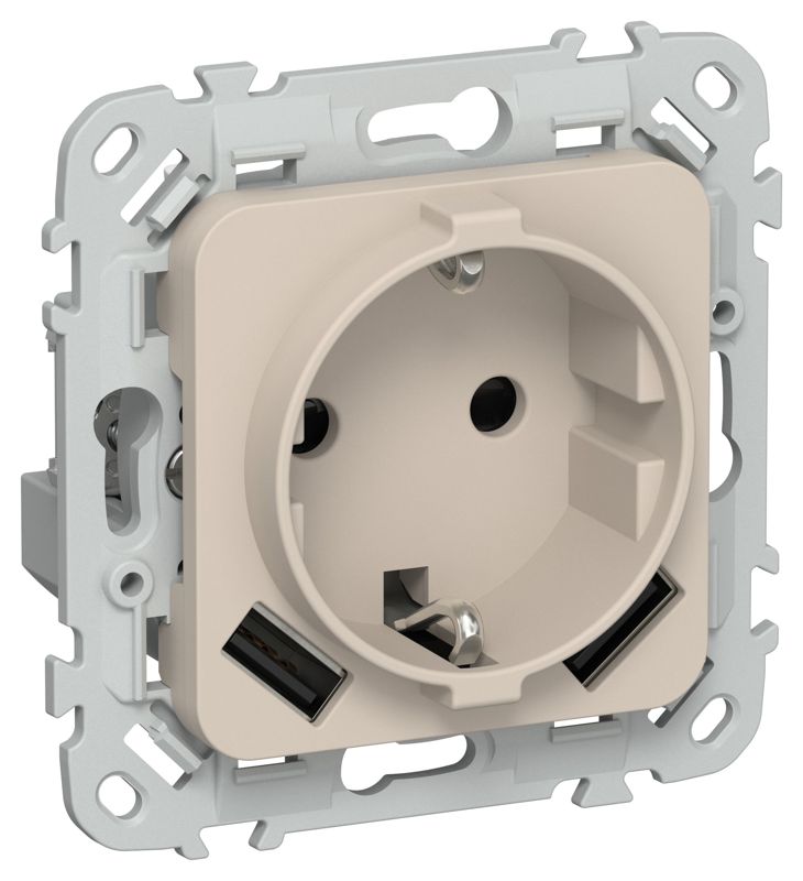 Розетка 1-м СП FLITE РСЮша11-0-ФлЛ 16А с USB A+A 3.1А с заземл. с защ. шторками механизм льняной IEK FI-R14-16-U21-D31-K88